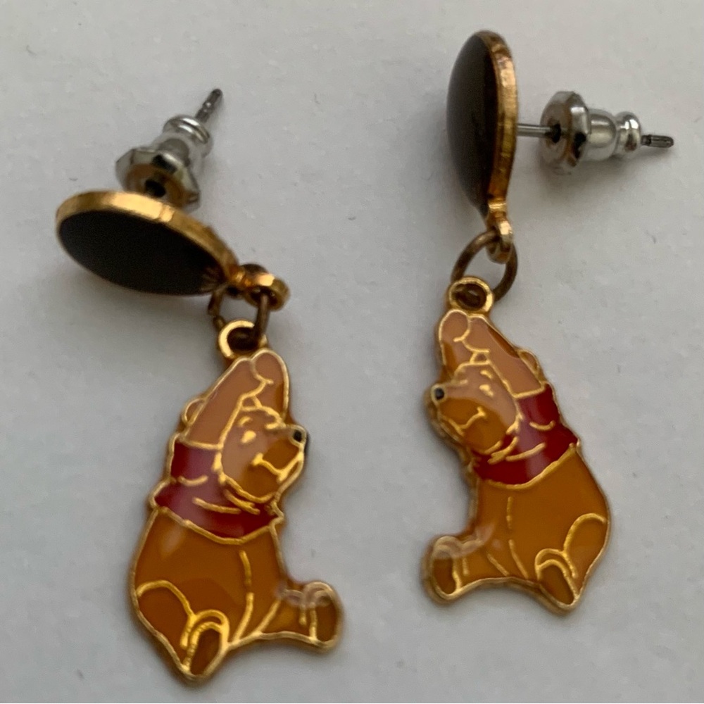 Disney Pooh Gold Enamel Earrings Dangle Balloon Stamped Disney AAI VINTAGE 1995